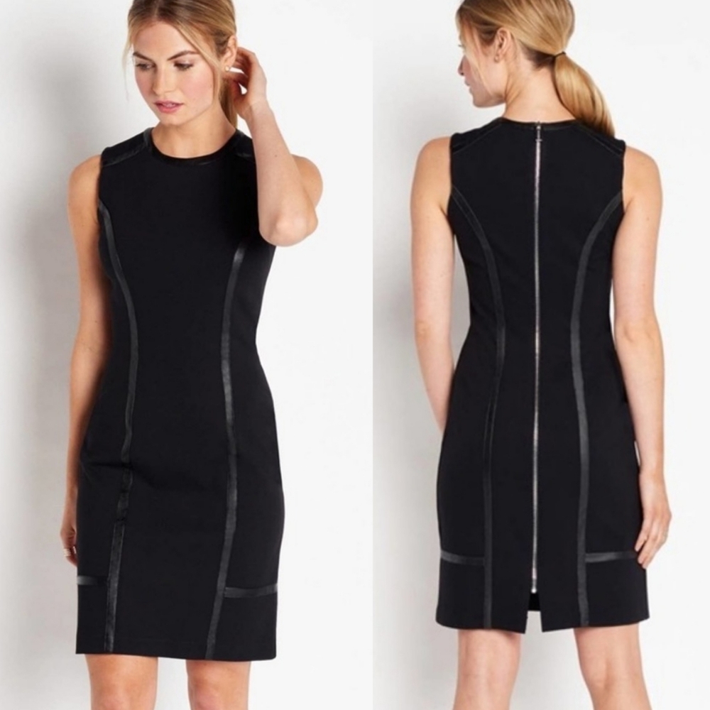 OF/Mercer Midnight Blue Faux Leather Trim Sheath Dress 0 Bodycon Work Evening